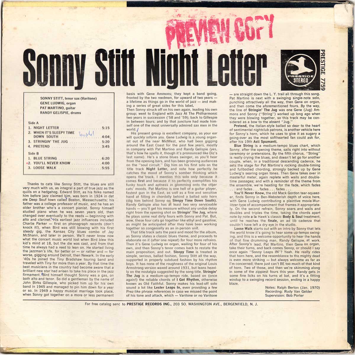 Sonny Stitt - Night Letter - Back cover